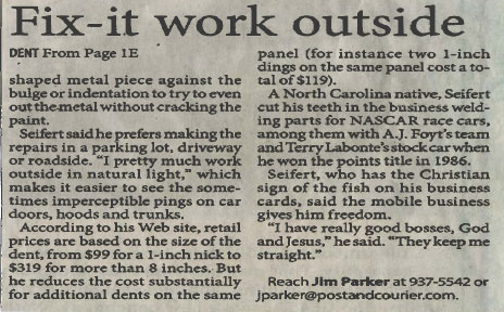 Paintless dent repair-Post & Courier article